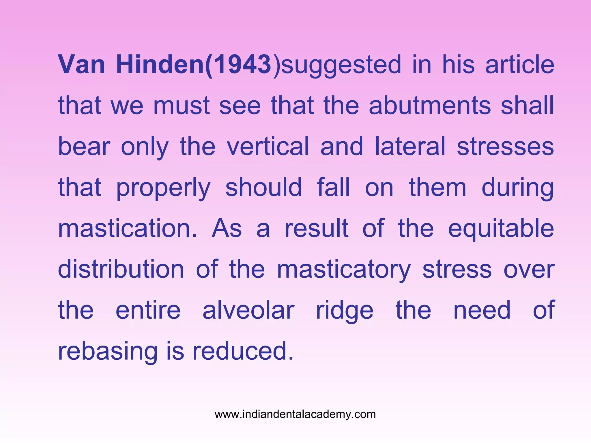 Van Hinden(1943)suggested in his article
that we must see that the abutments shall
bear only the vertical and lateral stresses
that properly should fall on them during
mastication. As a result of the equitable
distribution of the masticatory stress over
the entire alveolar ridge the need of
rebasing is reduced.
www.indiandentalacademy.com

 