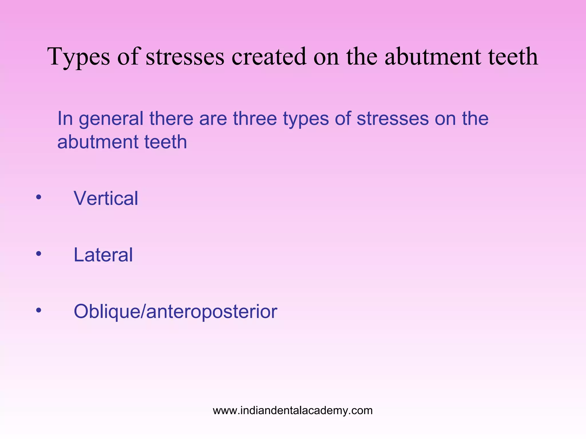 Types of stresses created on the abutment teeth
In general there are three types of stresses on the
abutment teeth
•

Vertical

•

Lateral

•

Oblique/anteroposterior

www.indiandentalacademy.com

 