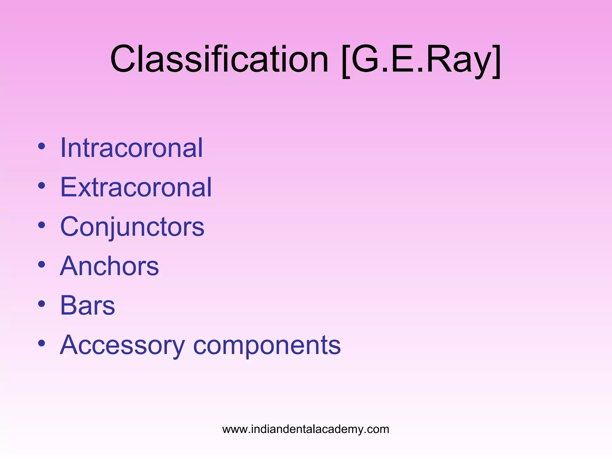 Classification [G.E.Ray]
•
•
•
•
•
•

Intracoronal
Extracoronal
Conjunctors
Anchors
Bars
Accessory components
www.indiandentalacademy.com

 