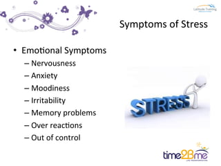 Symptoms	
  of	
  Stress	
  
•  Emo7onal	
  Symptoms	
  
– Nervousness	
  
– Anxiety	
  
– Moodiness	
  
– Irritability	
 ...