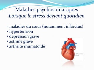Maladies psychosomatiques
Lorsque le stress devient quotidien
• maladies du cœur (notamment infarctus)
• hypertension
• dépression grave
• asthme grave
• arthrite rhumatoïde
 