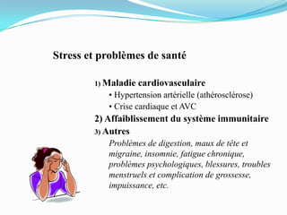 Stress et problèmes de santé

        1) Maladie   cardiovasculaire
           • Hypertension artérielle (athérosclérose)
           • Crise cardiaque et AVC
        2) Affaiblissement du système immunitaire
        3) Autres
           Problèmes de digestion, maux de tête et
           migraine, insomnie, fatigue chronique,
           problèmes psychologiques, blessures, troubles
           menstruels et complication de grossesse,
           impuissance, etc.
 