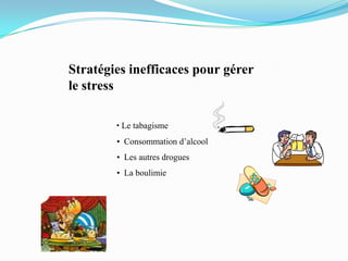 Stratégies inefficaces pour gérer
le stress

        • Le tabagisme
        • Consommation d’alcool
        • Les autres drogues
        • La boulimie
 
