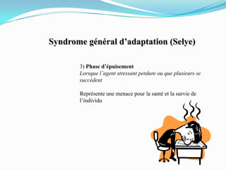 Syndrome général d’adaptation (Selye)

       3) Phase d’épuisement
       Lorsque l’agent stressant perdure ou que plusieurs se
       succèdent

       Représente une menace pour la santé et la survie de
       l’individu
 