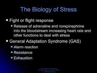 The Biology of Stress Fight or flight response Release of adrenaline and norepinephrine into the bloodstream increasing heart rate and other functions to deal with stress General Adaptation Syndrome (GAS) Alarm reaction Resistance Exhaustion 