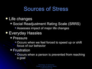 Sources of Stress Life changes Social Readjustment Rating Scale (SRRS) Assesses impact of major life changes Everyday Hassles Pressure Occurs when we feel forced to speed up or shift focus of our behavior Frustration Occurs when a person is prevented from reaching a goal 