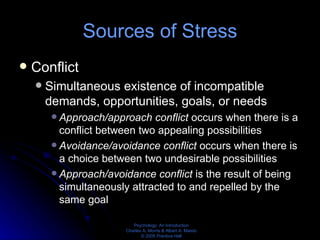 Sources of Stress Conflict Simultaneous existence of incompatible demands, opportunities, goals, or needs Approach/approach conflict  occurs when there is a conflict between two appealing possibilities Avoidance/avoidance conflict  occurs when there is a choice between two undesirable possibilities Approach/avoidance conflict  is the result of being simultaneously attracted to and repelled by the same goal 