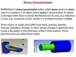 Stress Concentration
Definition: A stress concentration (often called stress raisers or stress
risers) is a location in an object where stress is concentrated. An object
is strongest when force is evenly distributed over its area, so a reduction
in area, e.g., caused by a crack, results in a localized increase in stress.
Stress raisers: In reality, bars often have holes, grooves, notches,
keyways, shoulders, threads, or other abrupt changes in geometry that
create a disruption in the otherwise uniform stress pattern. These
discontinuities are called stress raisers
 