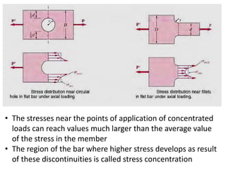 • The stresses near the points of application of concentrated
loads can reach values much larger than the average value
of the stress in the member
• The region of the bar where higher stress develops as result
of these discontinuities is called stress concentration
 