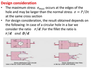 Design consideration
• The maximum stress 𝜎 𝑚𝑎𝑥 occurs at the edges of the
hole and may be larger than the normal stress 𝜎 = 𝑃 𝐷𝑡
at the same cross section
• For design consideration, the result obtained depends on
the following: In case of a circular hole in a bar we
consider the ratio 𝒓 𝒅 .For the fillet the ratio is
𝒓 𝒅 𝑎𝑛𝑑 𝑫 𝒅
 