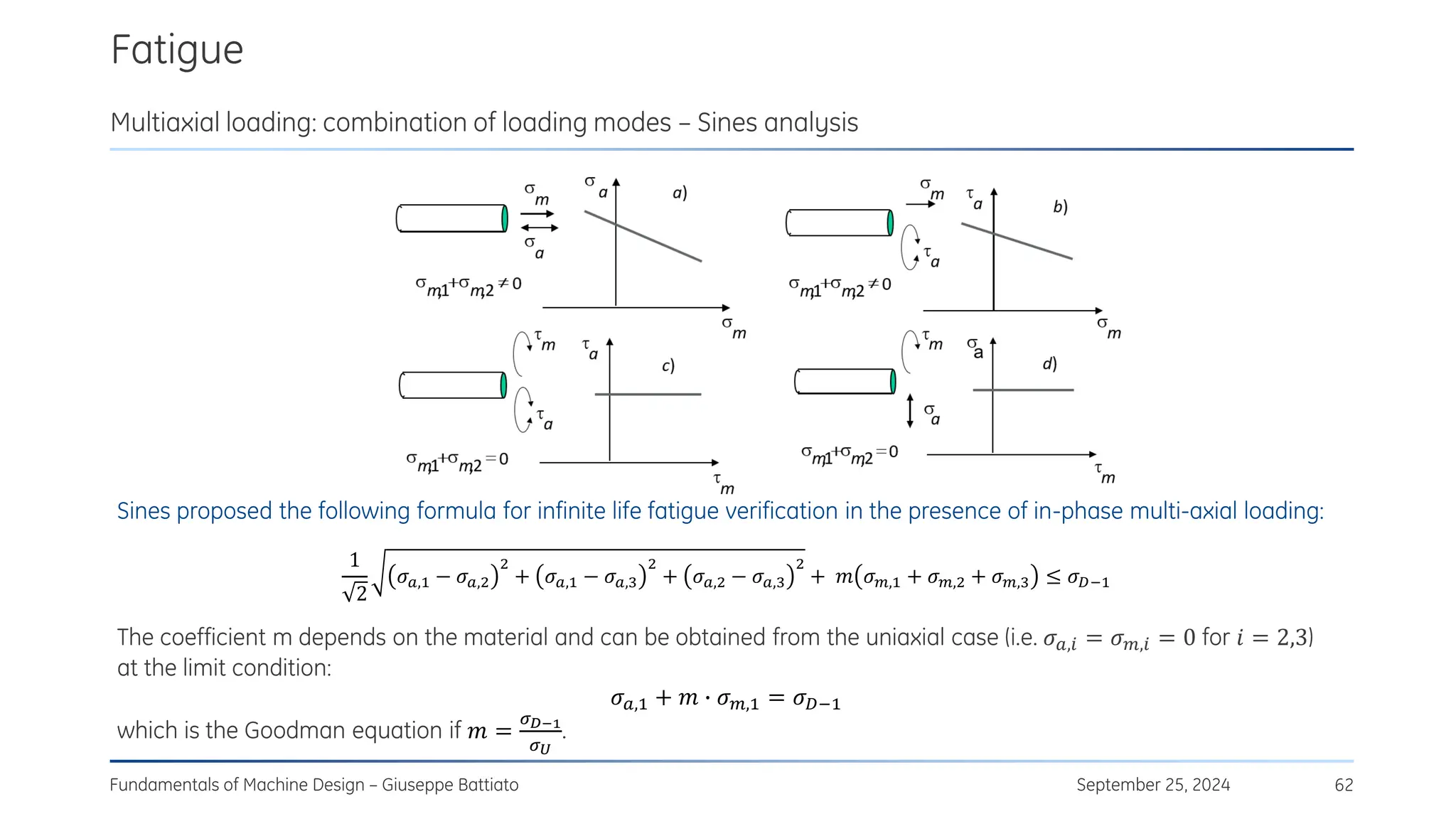 Fatigue
September 25, 2024
Fundamentals of Machine Design – Giuseppe Battiato 62
Multiaxial loading: combination of loading modes – Sines analysis
Sines proposed the following formula for infinite life fatigue verification in the presence of in-phase multi-axial loading:
1
2
𝜎𝑎,1 − 𝜎𝑎,2
2
+ 𝜎𝑎,1 − 𝜎𝑎,3
2
+ 𝜎𝑎,2 − 𝜎𝑎,3
2
+ 𝑚 𝜎𝑚,1 + 𝜎𝑚,2 + 𝜎𝑚,3 ≤ 𝜎𝐷−1
The coefficient m depends on the material and can be obtained from the uniaxial case (i.e. 𝜎𝑎,𝑖 = 𝜎𝑚,𝑖 = 0 for 𝑖 = 2,3)
at the limit condition:
𝜎𝑎,1 + 𝑚 ∙ 𝜎𝑚,1 = 𝜎𝐷−1
which is the Goodman equation if 𝑚 =
𝜎𝐷−1
𝜎𝑈
.
 