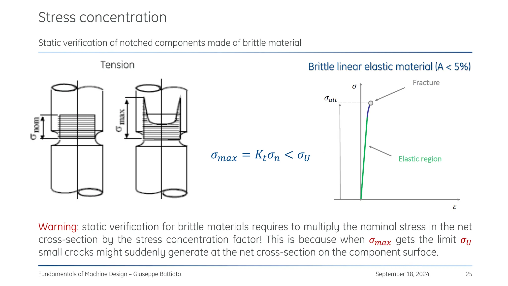 Stress concentration
September 18, 2024
Fundamentals of Machine Design – Giuseppe Battiato 25
Static verification of notched components made of brittle material
Warning: static verification for brittle materials requires to multiply the nominal stress in the net
cross-section by the stress concentration factor! This is because when 𝜎𝑚𝑎𝑥 gets the limit 𝜎𝑈
small cracks might suddenly generate at the net cross-section on the component surface.
Brittle linear elastic material (A < 5%)
Tension
𝜎𝑚𝑎𝑥 = 𝐾𝑡𝜎𝑛 < 𝜎𝑈
 