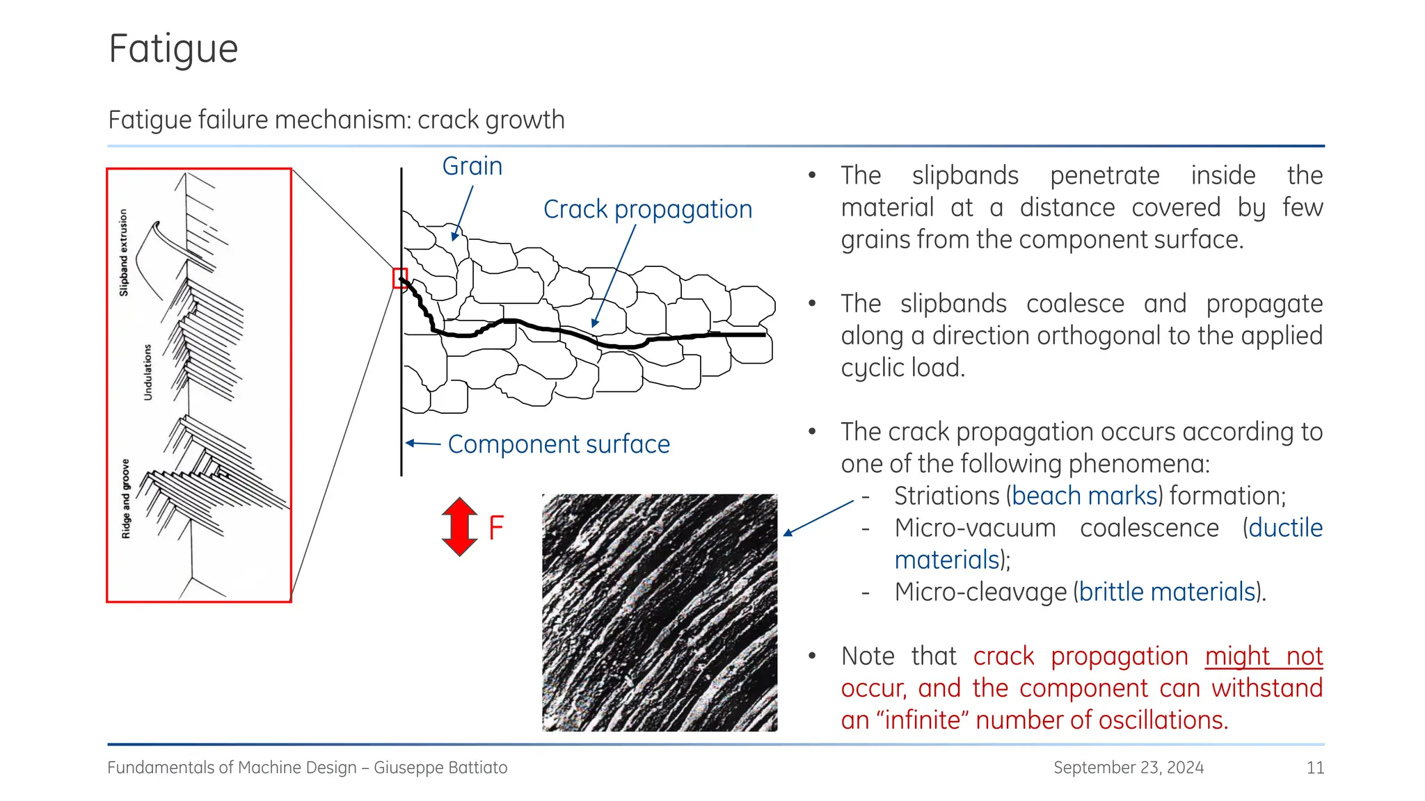 Fatigue
September 23, 2024
Fundamentals of Machine Design – Giuseppe Battiato 11
Fatigue failure mechanism: crack growth
• The slipbands penetrate inside the
material at a distance covered by few
grains from the component surface.
• The slipbands coalesce and propagate
along a direction orthogonal to the applied
cyclic load.
• The crack propagation occurs according to
one of the following phenomena:
- Striations (beach marks) formation;
- Micro-vacuum coalescence (ductile
materials);
- Micro-cleavage (brittle materials).
• Note that crack propagation might not
occur, and the component can withstand
an “infinite” number of oscillations.
Component surface
Crack propagation
Grain
F
 