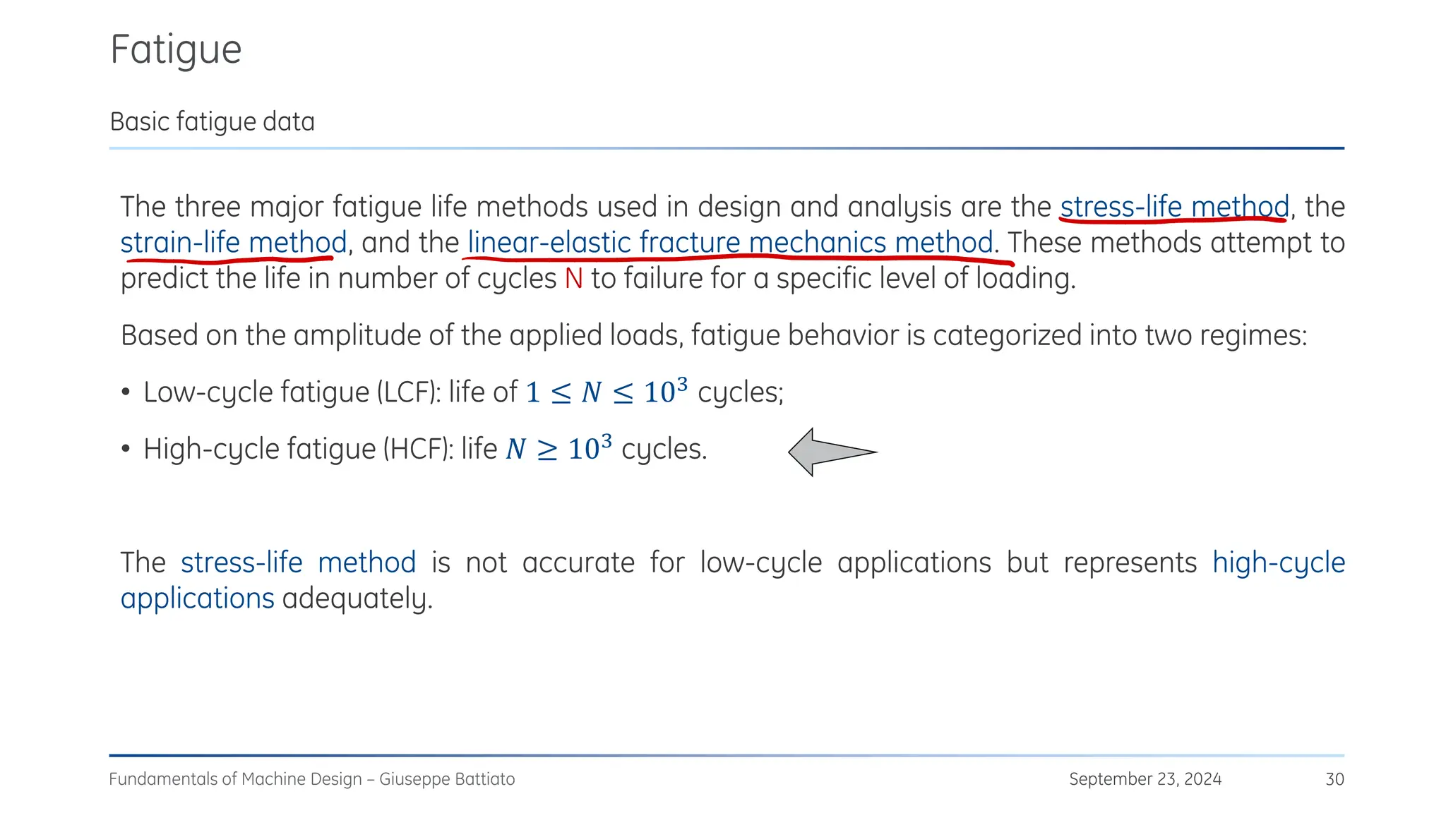Fatigue
September 23, 2024
Fundamentals of Machine Design – Giuseppe Battiato 30
Basic fatigue data
The three major fatigue life methods used in design and analysis are the stress-life method, the
strain-life method, and the linear-elastic fracture mechanics method. These methods attempt to
predict the life in number of cycles N to failure for a specific level of loading.
Based on the amplitude of the applied loads, fatigue behavior is categorized into two regimes:
• Low-cycle fatigue (LCF): life of 1 ≤ 𝑁 ≤ 103 cycles;
• High-cycle fatigue (HCF): life 𝑁 ≥ 103
cycles.
The stress-life method is not accurate for low-cycle applications but represents high-cycle
applications adequately.
L
.
 