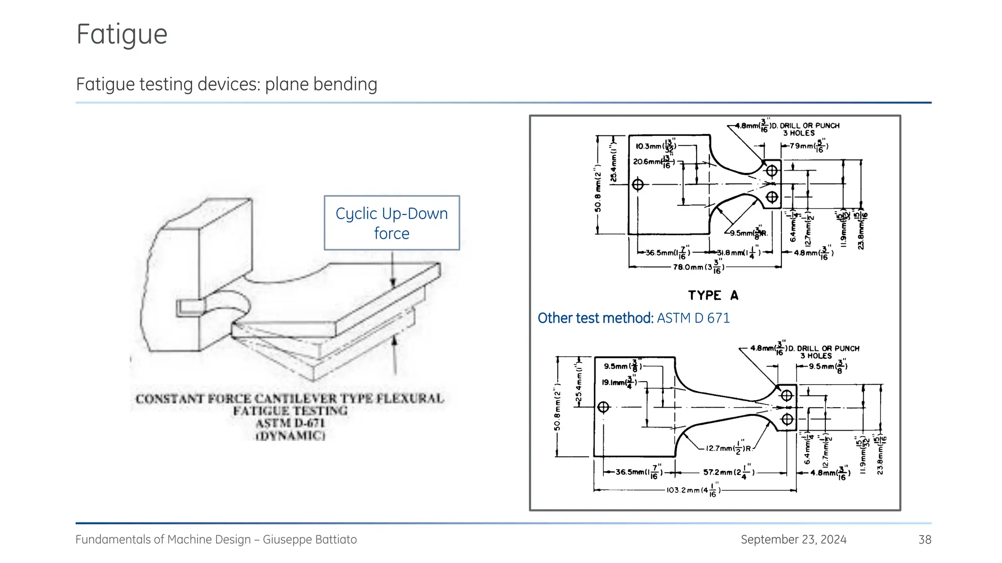 Fatigue
September 23, 2024
Fundamentals of Machine Design – Giuseppe Battiato 38
Other test method: ASTM D 671
Cyclic Up-Down
force
Fatigue testing devices: plane bending
 