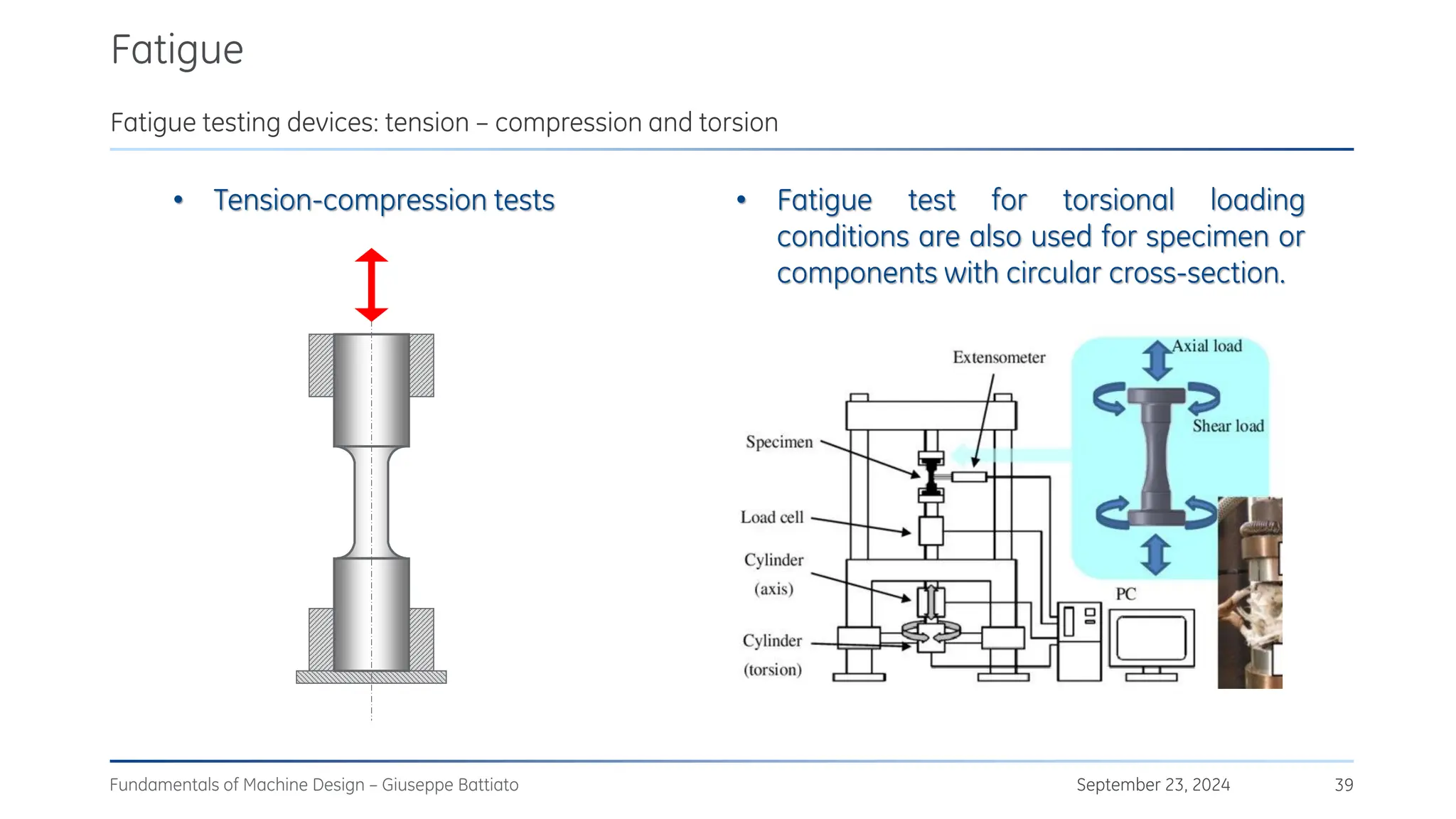 Fatigue
September 23, 2024
Fundamentals of Machine Design – Giuseppe Battiato 39
Fatigue testing devices: tension – compression and torsion
• Tension-compression tests • Fatigue test for torsional loading
conditions are also used for specimen or
components with circular cross-section.
 