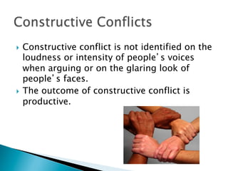 }  Constructive conflict is not identified on the
    loudness or intensity of people’s voices
    when arguing or on the glaring look of
    people’s faces.
}  The outcome of constructive conflict is
    productive.
 