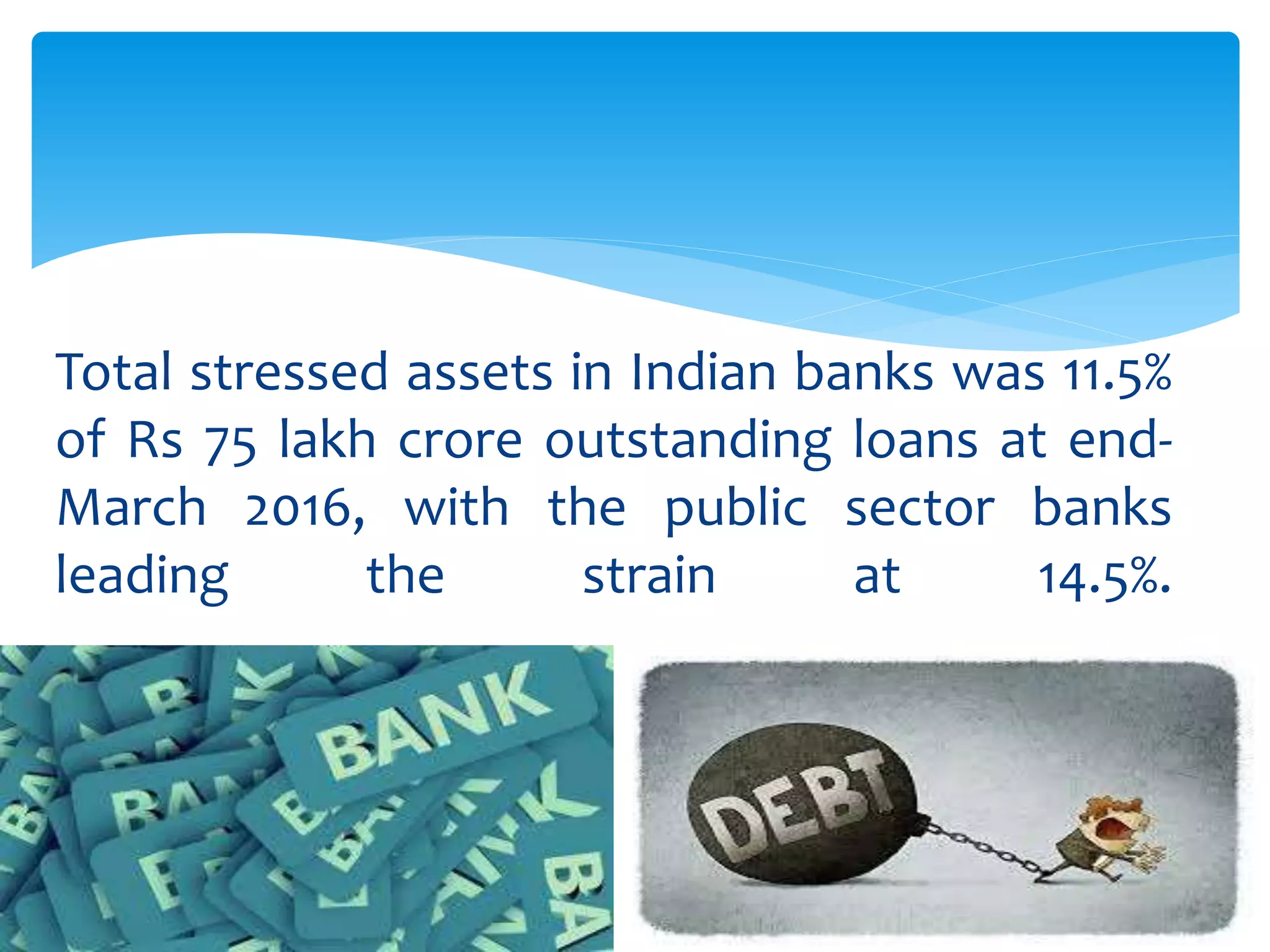 Total stressed assets in Indian banks was 11.5%
of Rs 75 lakh crore outstanding loans at end-
March 2016, with the public sector banks
leading the strain at 14.5%.
 