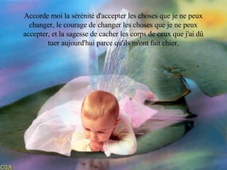 Accorde moi la sérénité d'accepter les choses que je ne peux changer, le courage de changer les choses que je ne peux accepter, et la sagesse de cacher les corps de ceux que j'ai dû tuer aujourd'hui parce qu'ils m'ont fait chier. 