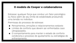 O modelo de Cooper e colaboradores
Estresse: qualquer força que conduz um fator psicológico
ou físico além de seu limite de estabilidade produzindo
uma tensão no indivíduo.
Premissas do processo de estresse:
▪ Pensamentos, emoções e relacionamentos estáveis
▪ Limites de conforto que devem ser enfrentados caso
ultrapassados.
▪ O comportamento para manter o estado de conforto
condiciona o processo de ajustamento ou estratégias de
enfrentamento. 24
 