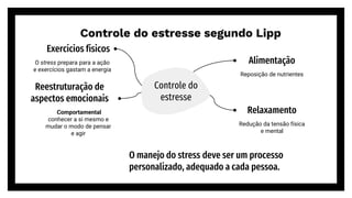 Controle do estresse segundo Lipp
Controle do
estresse
Exercícios físicos
O stress prepara para a ação
e exercícios gastam a energia
Alimentação
Reposição de nutrientes
Reestruturação de
aspectos emocionais
Relaxamento
Redução da tensão física
e mental
O manejo do stress deve ser um processo
personalizado, adequado a cada pessoa.
Comportamental
conhecer a si mesmo e
mudar o modo de pensar
e agir
 