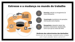 Estresse e a mudança no mundo do trabalho
D
T
R
Downzing: redução ou enxugamento de
níveis hierárquicos.
Terceirização: transferência de operações
internas para outra empresa.
Reengenharia: redesenho radical dos
processos empresariais. Questionando
como e por que as coisas são feitas.
Síndrome dos sobreviventes das demissões:
felizes por ter emprego, culpados pelos colegas
com maior pressão. Serei o próximo?
 