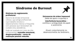 Síndrome do esgotamento
profissional
Decorre da tensão emocional
crônica que atinge profissionais
cujo trabalho envolve o
relacionamento intenso e frequente
com pessoas que necessitam de
cuidado e/ou assistência.
Pode ser avaliada por meio de três
componentes: exaustão emocional,
despersonalização e senso de
realização pessoal reduzida.
Síndrome de Burnout
Estressores de ordem impessoal
(falta de apoio e suporte) e
Interferência burocrática -
conflitos e ambiguidade de papel
e autonomia
Atuam conjuntamente no
desenvolvimento do fenômeno.
32
 