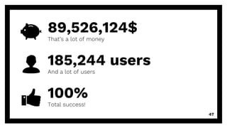 89,526,124$
That’s a lot of money
100%
Total success!
185,244 users
And a lot of users
47
 