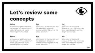 Let’s review some
concepts
Yellow
Is the color of gold, butter and
ripe lemons. In the spectrum of
visible light, yellow is found
between green and orange.
Blue
Is the colour of the clear sky and
the deep sea. It is located
between violet and green on the
optical spectrum.
Red
Is the color of blood, and
because of this it has historically
been associated with sacrifice,
danger and courage.
Yellow
Is the color of gold, butter and
ripe lemons. In the spectrum of
visible light, yellow is found
between green and orange.
Blue
Is the colour of the clear sky and
the deep sea. It is located
between violet and green on the
optical spectrum.
Red
Is the color of blood, and
because of this it has historically
been associated with sacrifice,
danger and courage.
49
 