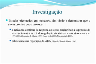 Investigação
Estudos efectuados em humanos, têm vindo a demonstrar que o
stress crónico pode provocar:
a activação contínua da resposta ao stress conduzindo à supressão do
sistema imunitário e à desregulação do sistema endócrino (Cohen et al.,
1999, 2001; (Boscarino & Chang, 1999; Coker et al., 2003; Nielsen et al., 2005).
dificuldades na reparação do ADN (Kiecolt-Glaser & Glaser,1986)
 