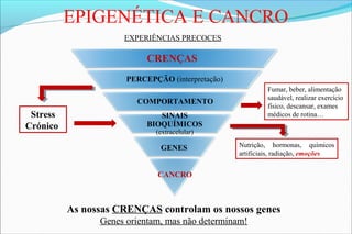 EPIGENÉTICA E CANCRO
CANCRO
GENES
SINAIS
BIOQUÍMICOS
(extracelular)
COMPORTAMENTO
PERCEPÇÃO (interpretação)
CRENÇAS
Nutrição, hormonas, químicos
artificiais, radiação, emoções
Stress
Crónico
EXPERIÊNCIAS PRECOCES
As nossas CRENÇAS controlam os nossos genes
Genes orientam, mas não determinam!
Fumar, beber, alimentação
saudável, realizar exercício
físico, descansar, exames
médicos de rotina…
 