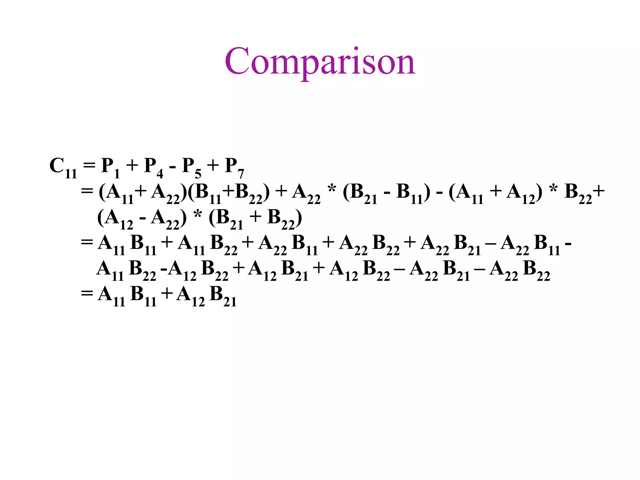 Comparison
C11 = P1 + P4 - P5 + P7
= (A11+ A22)(B11+B22) + A22 * (B21 - B11) - (A11 + A12) * B22+
(A12 - A22) * (B21 + B22)
= A11 B11 + A11 B22 + A22 B11 + A22 B22 + A22 B21 – A22 B11 A11 B22 -A12 B22 + A12 B21 + A12 B22 – A22 B21 – A22 B22
= A11 B11 + A12 B21

 