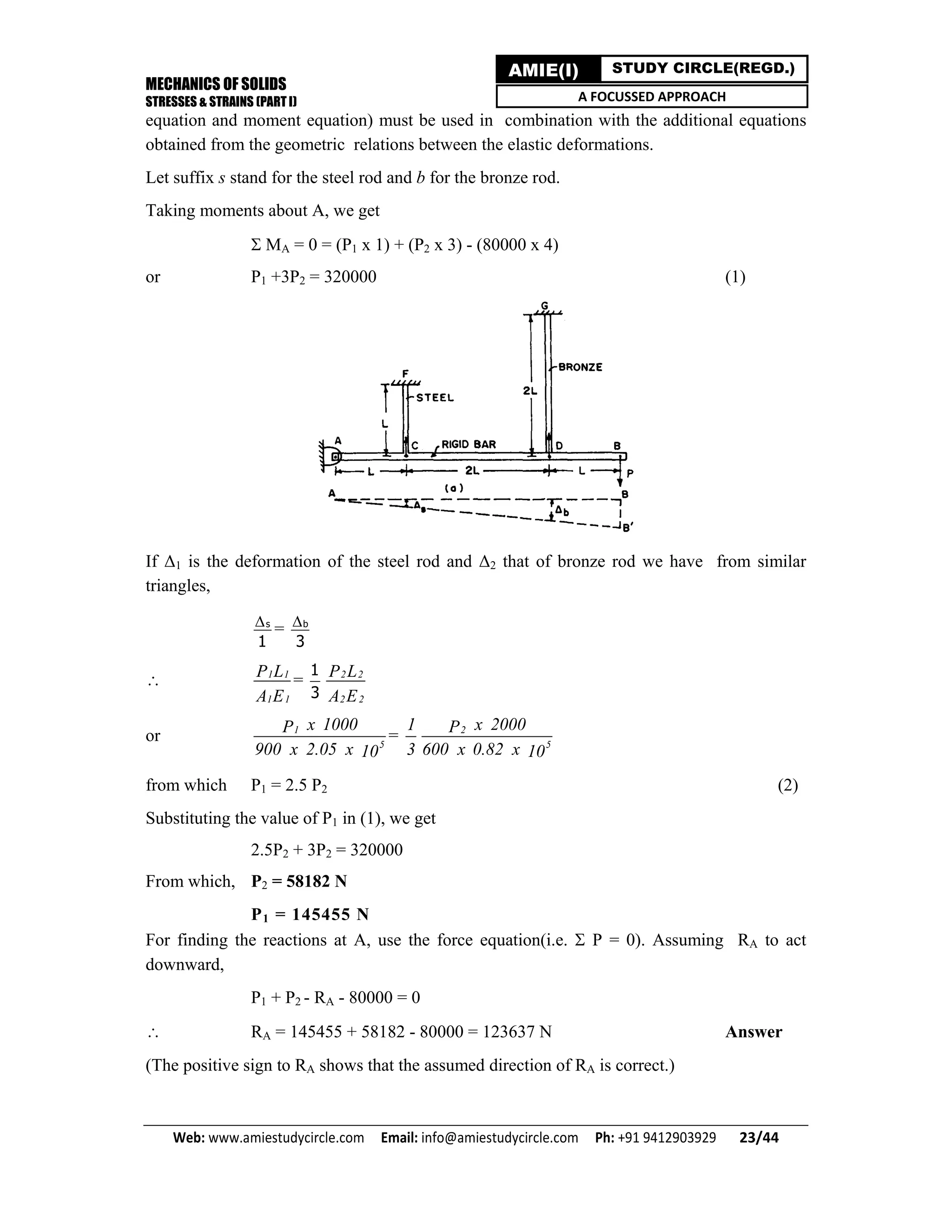 MECHANICS OF SOLIDS
STRESSES & STRAINS (PART I)
Web: www.amiestudycircle.com     Email: info@amiestudycircle.com     Ph: +91 9412903929       23/44 
AMIE(I) STUDY CIRCLE(REGD.)
A FOCUSSED APPROACH
equation and moment equation) must be used in combination with the additional equations
obtained from the geometric relations between the elastic deformations.
Let suffix s stand for the steel rod and b for the bronze rod.
Taking moments about A, we get
 MA = 0 = (P1 x 1) + (P2 x 3) - (80000 x 4)
or P1 +3P2 = 320000 (1)
If Δ1 is the deformation of the steel rod and Δ2 that of bronze rod we have from similar
triangles,
s
1
= b
3
 1 1
1 1
P L
A E
=
1
3
2 2
2 2
P L
A E
or 1
5
x 1000P
900 x 2.05 x 10
=
1
3
2
5
x 2000P
600 x 0.82 x 10
from which P1 = 2.5 P2 (2)
Substituting the value of P1 in (1), we get
2.5P2 + 3P2 = 320000
From which, P2 = 58182 N
P1 = 145455 N
For finding the reactions at A, use the force equation(i.e.  P = 0). Assuming RA to act
downward,
P1 + P2 - RA - 80000 = 0
 RA = 145455 + 58182 - 80000 = 123637 N Answer
(The positive sign to RA shows that the assumed direction of RA is correct.)
 