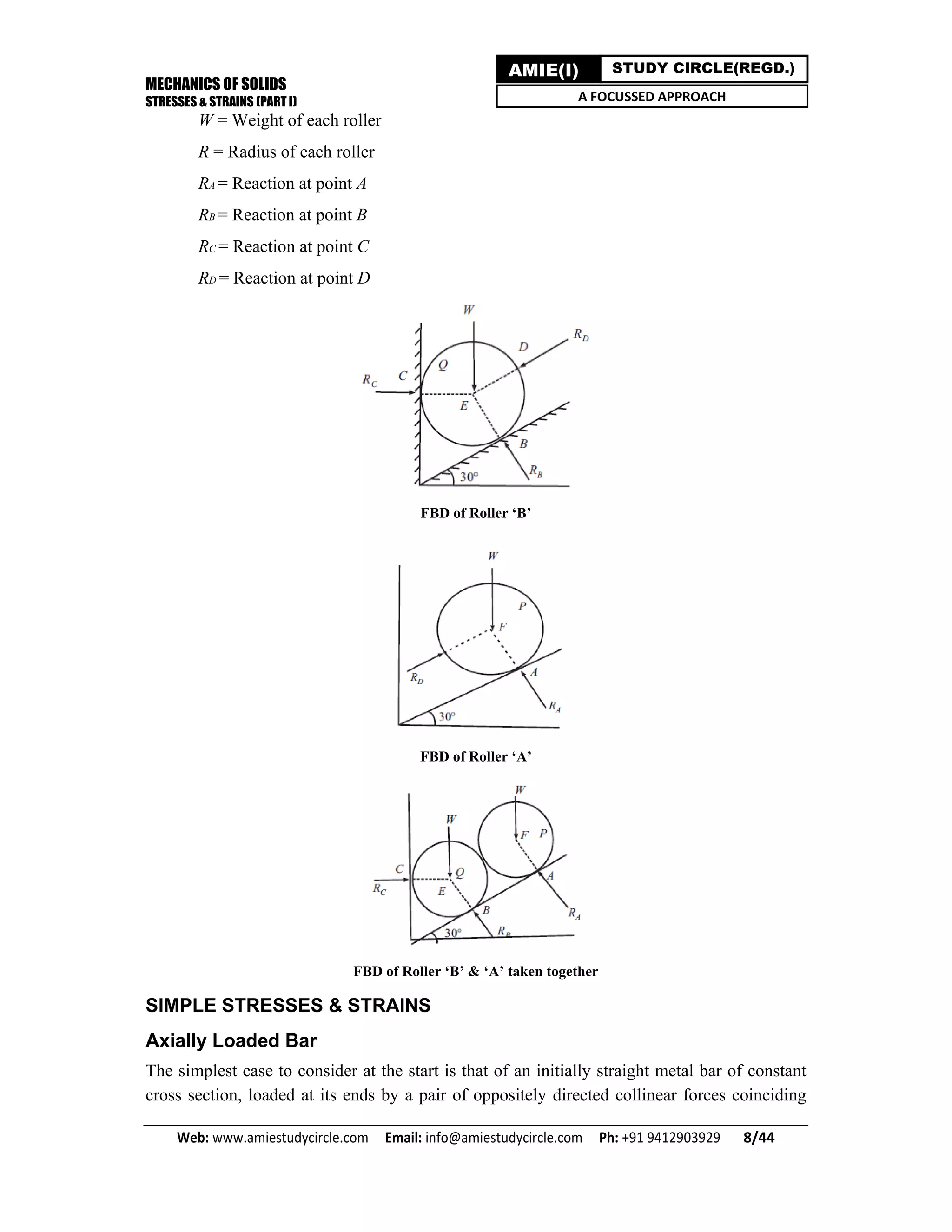 MECHANICS OF SOLIDS
STRESSES & STRAINS (PART I)
Web: www.amiestudycircle.com     Email: info@amiestudycircle.com     Ph: +91 9412903929       8/44 
AMIE(I) STUDY CIRCLE(REGD.)
A FOCUSSED APPROACH
W = Weight of each roller
R = Radius of each roller
RA = Reaction at point A
RB = Reaction at point B
RC = Reaction at point C
RD = Reaction at point D
FBD of Roller ‘B’
FBD of Roller ‘A’
FBD of Roller ‘B’ & ‘A’ taken together
SIMPLE STRESSES & STRAINS
Axially Loaded Bar
The simplest case to consider at the start is that of an initially straight metal bar of constant
cross section, loaded at its ends by a pair of oppositely directed collinear forces coinciding
 