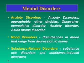 Mental Disorders   Anxiety Disorders   -  Anxiety Disorders ,  agoraphobia , other phobias,  Obsessive-compulsive disorder, Anxiety disorder, Acute stress disorder  Mood Disorders   -  disturbances in mood that range from depression to mania   Substance-Related Disorders   - substance use disorders and substance-induced disorders   