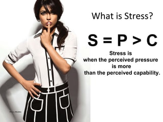 What is Stress?
S = P > C
Stress is
when the perceived pressure
is more
than the perceived capability.
 