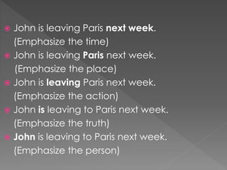 John is leaving Paris next week.
(Emphasize the time)
 John is leaving Paris next week.
(Emphasize the place)
 John is leaving Paris next week.
(Emphasize the action)
 John is leaving to Paris next week.
(Emphasize the truth)
 John is leaving to Paris next week.
(Emphasize the person)
 