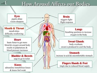 How Arousal Affects our Bodies
Eyes
pupils dilate
vision sharpens

Mouth & Throat
mouth dries
difficulty swallowing

Heart
beats faster to get more
blood & oxygen around body
results in palpitations &
blood pressure increases

Bladder & Bowels

Brain
triggers fightflight response

Lungs
breathing quickens to increase
oxygen in the body

Sweat Glands
body overheats
sweat is produced to cool the body

Stomach
increase in acid & uncomfortable stomach

urge to go to toilet

Knees
adrenaline immobilises knees
& knees feel weak

Fingers Hands & Feet
tingle due to reduced blood supply

 