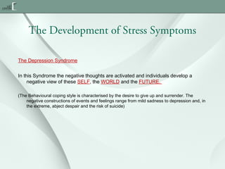 The Development of Stress Symptoms
The Depression Syndrome
In this Syndrome the negative thoughts are activated and individuals develop a
negative view of these SELF, the WORLD and the FUTURE.
(The Behavioural coping style is characterised by the desire to give up and surrender. The
negative constructions of events and feelings range from mild sadness to depression and, in
the extreme, abject despair and the risk of suicide)

 