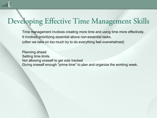 Developing Effective Time Management Skills
Time management involves creating more time and using time more effectively.
It involves prioritizing essential above non-essential tasks.
(often we take on too much try to do everything feel overwhelmed)
Planning ahead
Setting time limits
Not allowing oneself to get side tracked
Giving oneself enough "prime time" to plan and organize the working week.

 