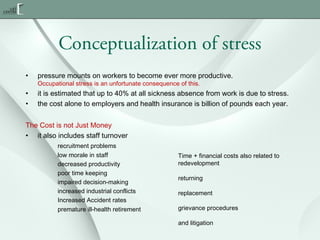 Conceptualization of stress
•

pressure mounts on workers to become ever more productive.

•
•

it is estimated that up to 40% at all sickness absence from work is due to stress.
the cost alone to employers and health insurance is billion of pounds each year.

Occupational stress is an unfortunate consequence of this.

The Cost is not Just Money
• it also includes staff turnover
recruitment problems
low morale in staff
decreased productivity
poor time keeping
impaired decision-making
increased industrial conflicts
Increased Accident rates
premature ill-health retirement

Time + financial costs also related to
redevelopment
returning
replacement
grievance procedures
and litigation

 