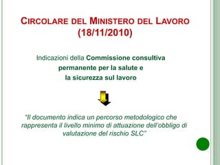 CIRCOLARE DEL MINISTERO DEL LAVORO
(18/11/2010)
Indicazioni della Commissione consultiva
permanente per la salute e
la sic...