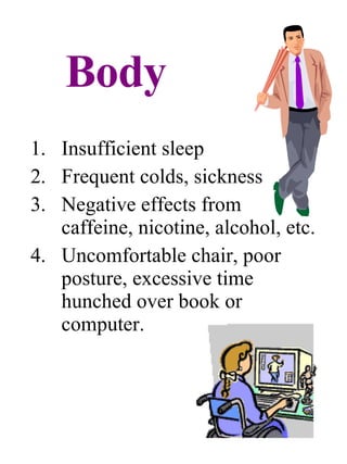 Body Insufficient sleep Frequent colds, sickness Negative effects from caffeine, nicotine, alcohol, etc. Uncomfortable chair, poor posture, excessive time hunched over book or computer. 