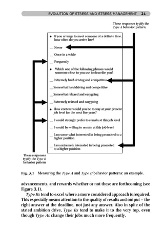EVOLUTION OF STRESS AND STRESS MANAGEMENT                          21

                                                                    These responses typify the
                                                                    Type A behavior pattern.

                       If you arrange to meet someone at a definite time,
                       how often do you arrive late?

                       Never

                       Once in a while

                       Frequently

                        Which one of the following phrases would
                        someone close to you use to describe you?

                       Extremely hard-driving and competitive

                       Somewhat hard-driving and competitive

                       Somewhat relaxed and easygoing

                       Extremely relaxed and easygoing

                       How content would you be to stay at your present
                       job level for the next five years?

                       I would strongly prefer to remain at this job level

                       I would be willing to remain at this job level

                       I am some what interested in being promoted to a
                       higher position

                       I am extremely interested in being promoted
                       to a higher position
 These responses
 typify the Type B
 behavior pattern


Fig. 3.1   Measuring the Type A and Type B behavior patterns: an example.

advancements, and rewards whether or not these are forthcoming (see
Figure 3.1).
   Type Bs tend to excel where a more considered approach is required.
This especially means attention to the quality of results and output – the
right answer at the deadline, not just any answer. Also in spite of the
stated ambition drive, Type Bs tend to make it to the very top, even
though Type As change their jobs much more frequently.
 