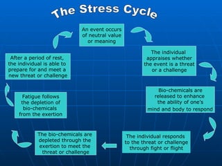 The Stress Cycle An event occurs of neutral value  or meaning The individual  appraises whether the event is a threat or a challenge Bio-chemicals are released to enhance  the ability of one’s mind and body to respond   The individual responds  to the threat or challenge through fight or flight  The bio-chemicals are  depleted through the  exertion to meet the  threat or challenge Fatigue follows the depletion of  bio-chemicals  from the exertion After a period of rest,  the individual is able to  prepare for and meet a  new threat or challenge 