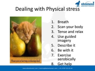 Dealing with Physical stressBreath Scan your bodyTense and relaxUse guided imageryDescribe itBe with itExercise aerobicallyGet help