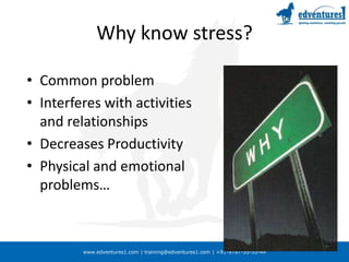 Why know stress?Common problemInterferes with activities and relationshipsDecreases ProductivityPhysical and emotional problems…