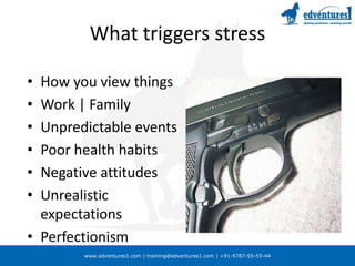 What triggers stressHow you view thingsWork | FamilyUnpredictable eventsPoor health habitsNegative attitudesUnrealistic expectationsPerfectionism
