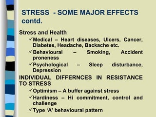 STRESS  - SOME MAJOR EFFECTS contd. Stress and Health Medical – Heart diseases, Ulcers, Cancer, Diabetes, Headache, Backache etc. Behavioural – Smoking, Accident proneness Psychological – Sleep disturbance, Depression INDIVIDUAL DIFFERNCES IN RESISTANCE TO STRESS Optimism – A buffer against stress Hardiness – Hi commitment, control and challenge Type ‘A’ behavioural pattern 
