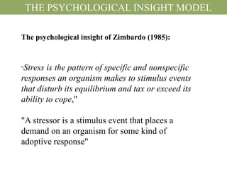 THE PSYCHOLOGICAL INSIGHT MODEL

The psychological insight of Zimbardo (1985):



"Stress is the pattern of specific and nonspecific
responses an organism makes to stimulus events
that disturb its equilibrium and tax or exceed its
ability to cope,"

"A stressor is a stimulus event that places a
demand on an organism for some kind of
adoptive response"
 